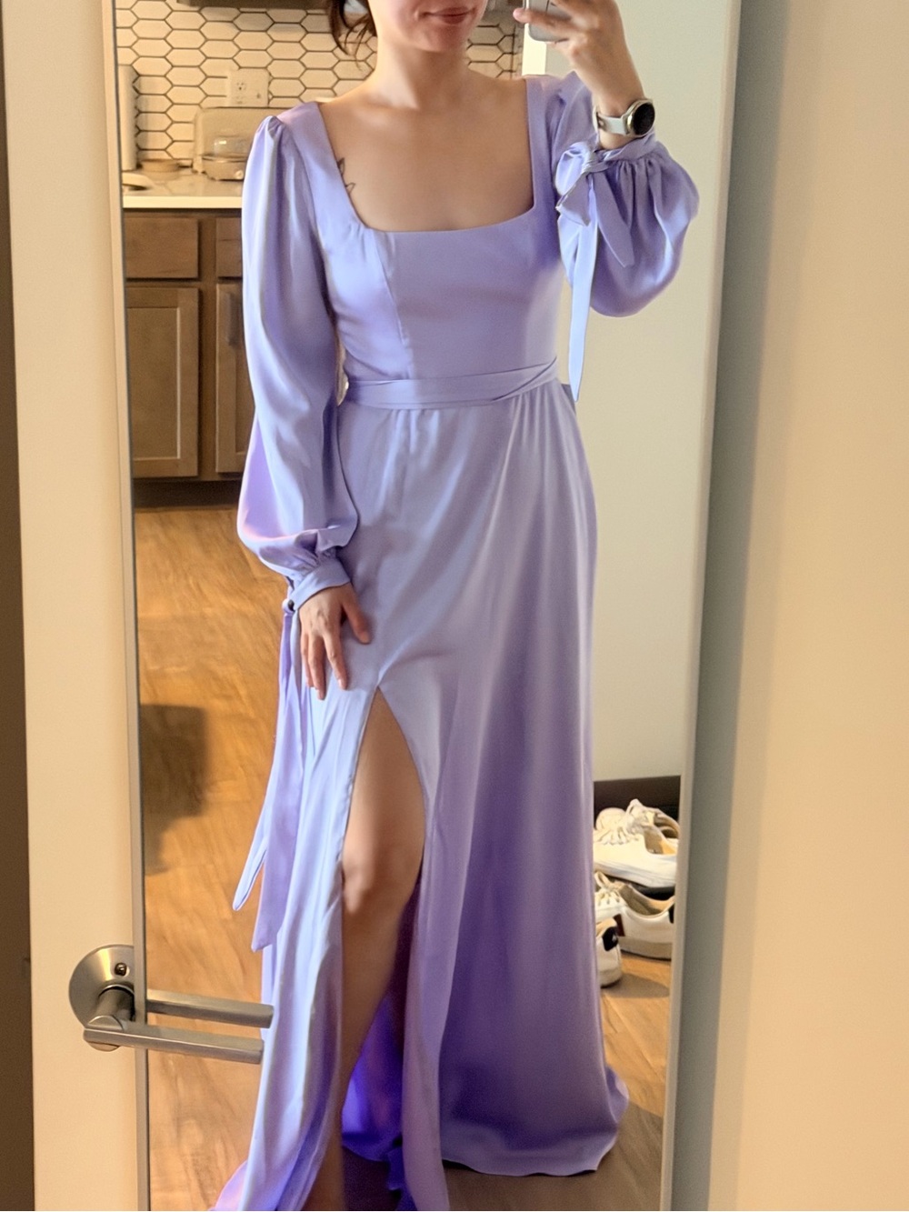 Azazie Lilac Square-Neck Maxi Gown with Bishop Sleeves